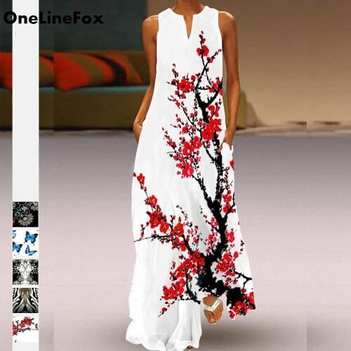 OneLineFox Flower Printed V Neck Sexy Women Party Dress Sleeveless Fashion 2021 Spring Skinny Bodycon Clubwear Slim Maxi Dresses
