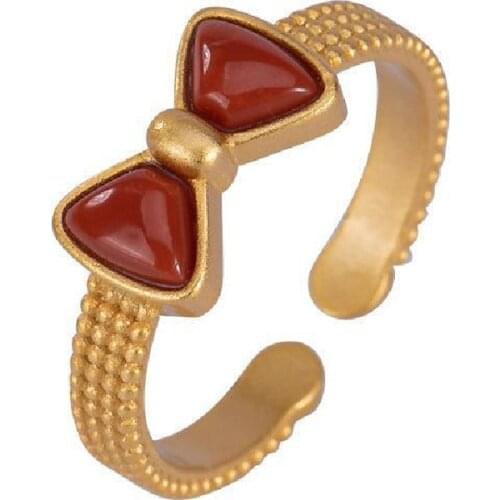 S925 Sterling Silver Gold-Plated Inlaid Natural Southern Red Agate Personalized Bow All-Match Temperament Ladies Open Ring