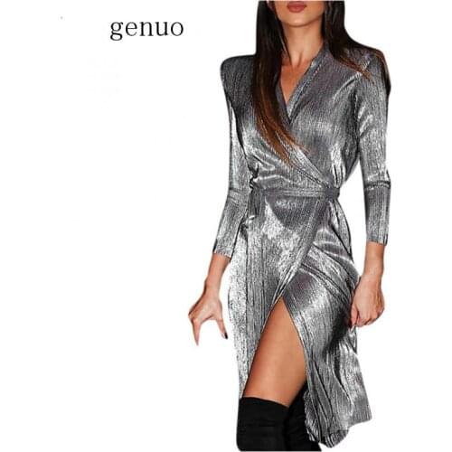 Sequin High Waist Women Dress Sexy Deep V Side Split Lady Evening Party Dress Plus Size Silver Black Vestidos Irregular