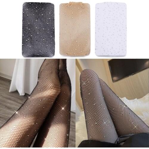 Hot 1PC Fashion Sexy Womens Glitter Fishnet Tights Open Crotch Mesh Pantyhose Shiny Rhinestone Lady Tights Nylons Stockings