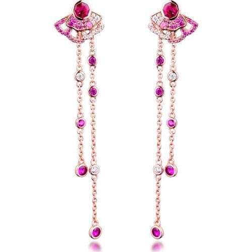 100% 925 Sterling Silver Earring Rose Gold Pink Fan Dangle Earrings for Women Girl Wedding Earrings Fashion Jewelry pendientes