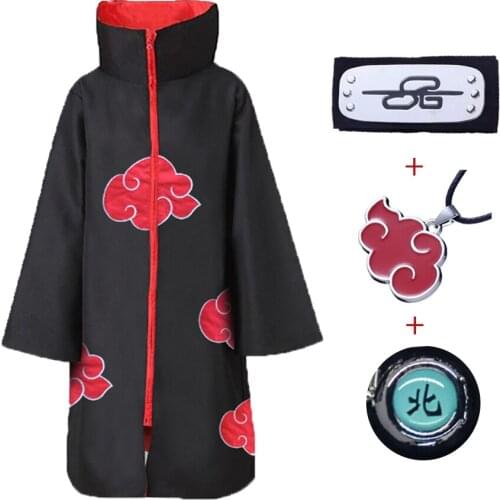 3Pcs/Lots Anime Akatsuk Red Cloud Robe Halloween Costume Attached Headband Ring Cloak Christmas New Year Party Cape