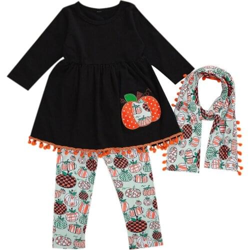 3Pcs Toddler Baby Girl Clothes for Halloween Autumn Long Sleeve Pumpkin Dress Top Pants Tassel Scarf Outfits Tracksuit