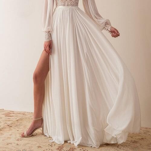 White Handmade Long Skirt Satin Waistband Lace Edge Side Split Floor Length for Woman Formal Wedding Cocktail Party Skirt