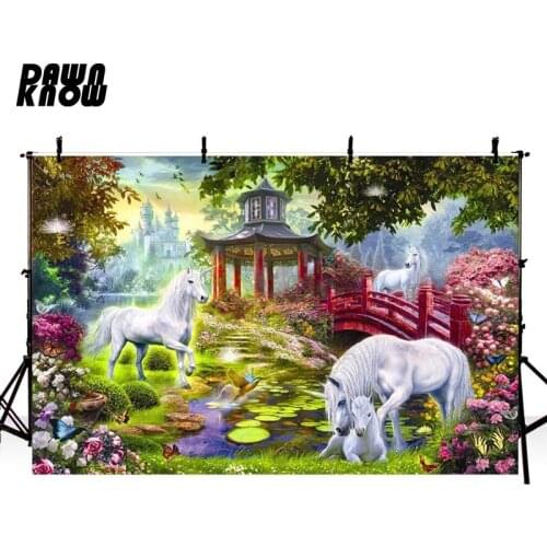 DAWNKNOW Fairy Tale Unicorn Photography Background For Children Fantasy Garden Castle Customize Backdrop For Photo Booth G543
