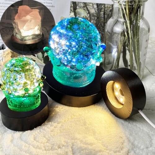 Handmade Wooden LED Light Dispaly Base 3D Crystal Glass Resin Art Ornament Stand AXYD