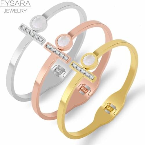 FYSARA Brand Zirconia Crystal Bangle Big Circle Shell Woman Bracelet & Bangle Stainless Steel Spring Open T Pulseiras Jewery