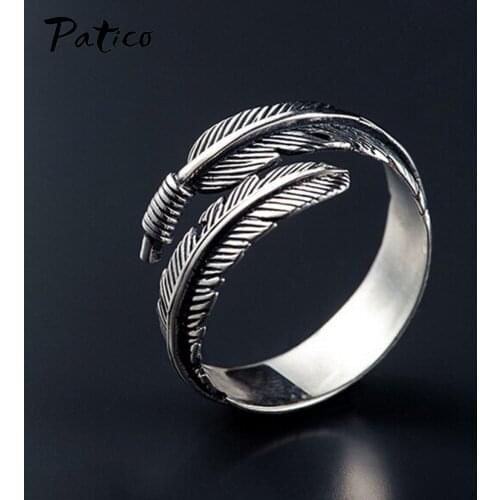 Bohemia Africa Feather Open Adjustable Ring Ancient 925 Sterling Silver Color Punk Ring For Women Men Party Jewelry