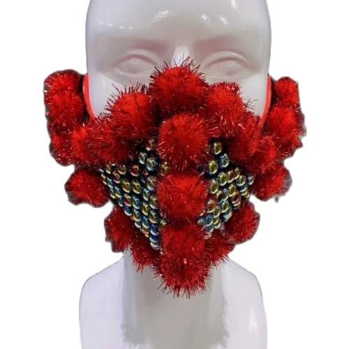 Diamond Women Men Face Decoration Colorful Small Hairball Mask Pink Pearl Dancer Ornament Nightclub Performance Accessories
