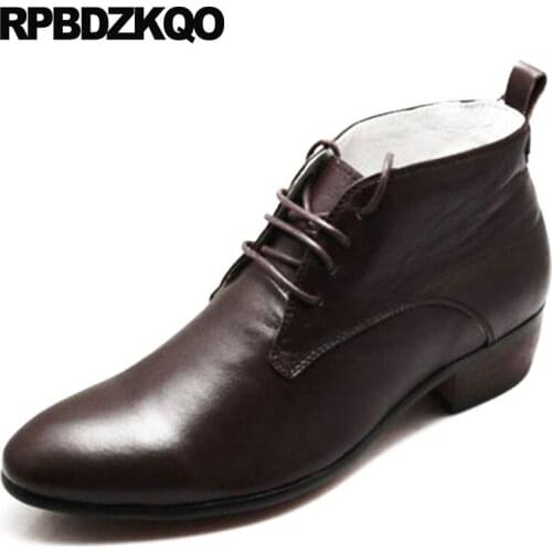 Lace Up Chunky Short Mens Pointed Toe Dress Boots Ankle Oxford Shoes 2018 Fall Full Grain Leather Formal Black Wedding Booties