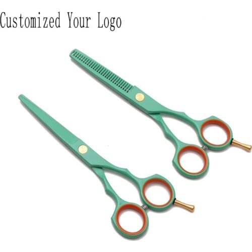 5.5 inch 16cm Customized Logo Green Titanium Professional Hairdressing Scissors Cutting Shears Thinning Scissors Hair Scissors