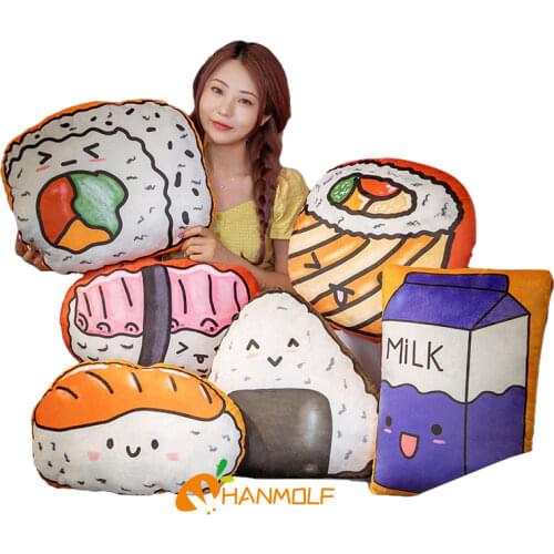 45~50cm Kawaii Japan Onigiri Sushi Milk Stuffed Printing Plush Food Pillow Soft Cartoon Decor Pillow For Sofa Chair Bed Floor