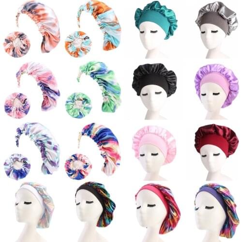 Adjust Solid Satin Bonnet Hair Styling Cap Hair Care Women Night Sleep Hat Silk Head Wrap Shower Cap Bathroom Accessories