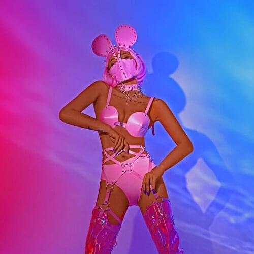 Pink Bandage Bikini Nightclub Bar Rivet Headgear Leg Cover Set Sexy DJ Stage Costume Singer Dancer Team Performance Outfit