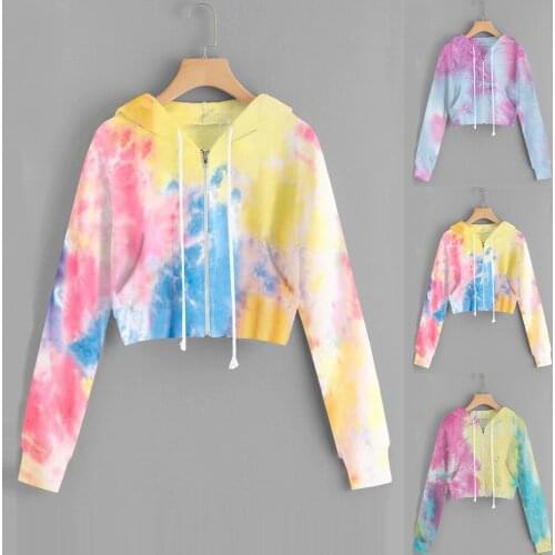 S-XL Women Casual Tie-Dye Long Sleeve Short Tops Zipper Pocket Hooded Dyed Sweatshirt Tops European style Trendy Streetwear