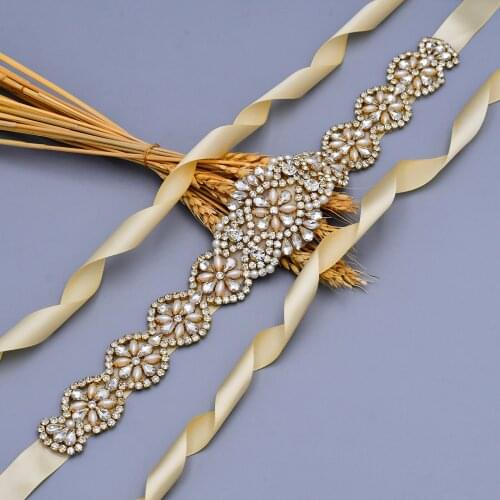 ZMS161-G Wedding Gold Belt Pearl Rhinestone Belts for Dresses Diamond Applique Trim Beading Decoration for Wedding Bridal Belt