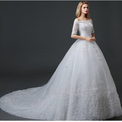 Wedding Dress Boat Neck Elegant Sequins Embroidery Half Sleeves Lace Up New Plus Size Wedding Gowns Long Vestidos De Novia G016