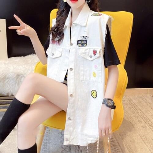 2021 Spring Autumn Womens Frayed Hole Vest New Denim Sleeveless Jacket Long Slim Female Coat Fashion Leisure Ladies ClothingKor