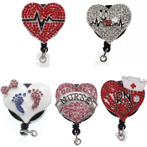 1 pcs/lot Free Shipping Heart Shape Nurse Rhinestone Enamel Retractable ID Badge Holder
