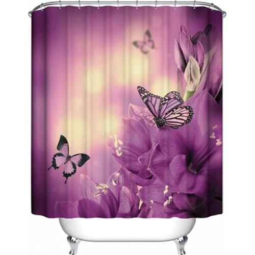 New Purple Butterfly Print Bath Shower Curtain Bathroom Curtain Waterproof Fabric with 12 Hooks Home Decoration Bathroom Curtain