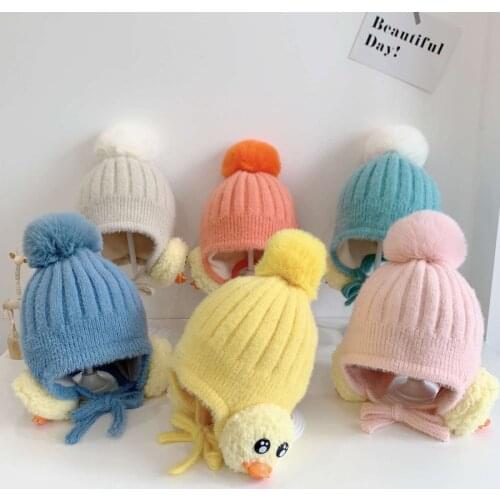 8M-3T New Winter Woolen Hat Childrens Knit Hat Baby Cute Little Yellow Duck Ear Cap With Warm Cartoon Hat