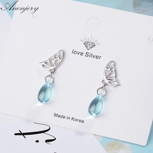 ANENJERY 925 Sterling Silver Sweet Bowknot Artificial Crystal Water Drop Earrings For Women Girl S-E725