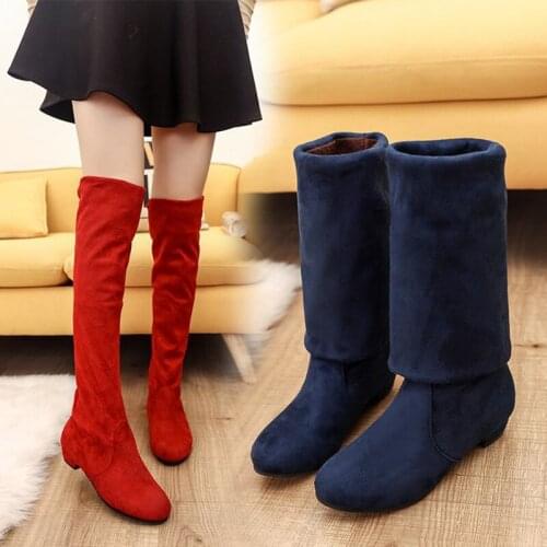 Women snow boots slim over-the-knee slip-on low heels riding botas 2 wears stretch flock booties cozy non-slip chaussures 2020