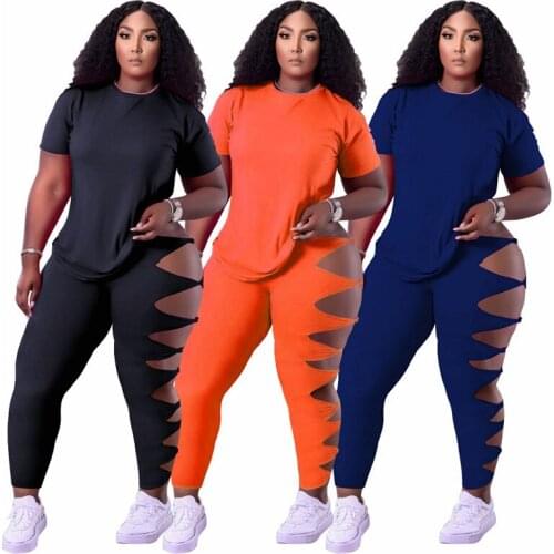 S-4xl Plus Size Two Piece Women Wholesale Pants Sets Casual Short Sleeve Hollow Out Side Leggings Summer Clothing Dropshipping