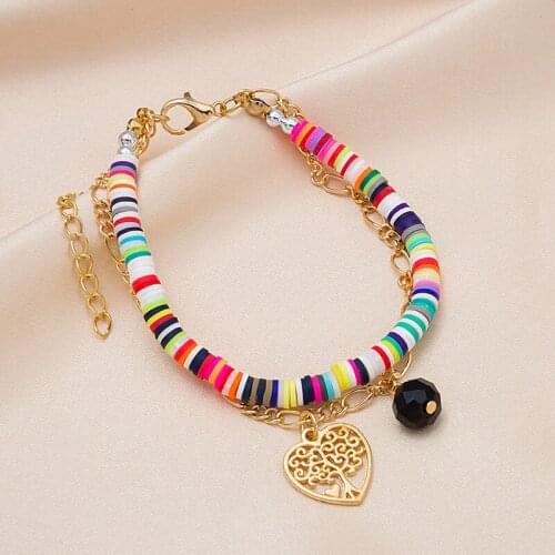Fashion Retro Ethnic Style Beach Bohemian Colored Clay Multi-Layer Bracelet Coin Sun Palm Eye Bracelet For Woman