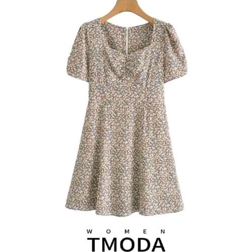 TMODA1413 Za Floral Printed Korean Dress Women Square Collar Short Sleeve Summer Dresses Slim Waist Vintage Fashion Vestidos