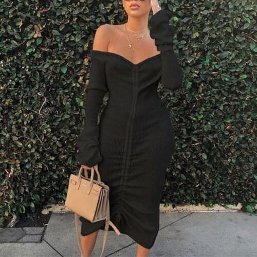 Dresses For Women Fashion Solid Color Slash Neck Long Sleeve Drawstring Bandage Irregular Dress Vintage Midi Dress Autumn 2021