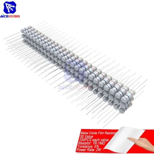 100PCS Metal Oxide Film Resistor 5% 2W 1R-1MΩ 1R 4.7R 10R 100R 220R 1K 2.2K 4.7K 6.8K 10K 22K 47K 100K 470K 1MΩ Ohm Resistance