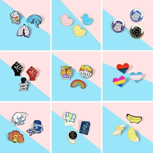 3/Set Cartoon Animals Round Enamel Pins Rainbow Mountain Sun Heart Fruit Flame Brooch Bag Button Badge Jewelry Gifts For Friends