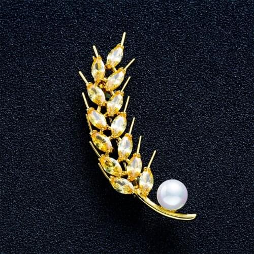 Long Wheat Ears Large Pearl Brooches for Women Gold Color CZ Crystal Brooches Marquise Zircon Wheat Pins Jewelry Party Gifts
