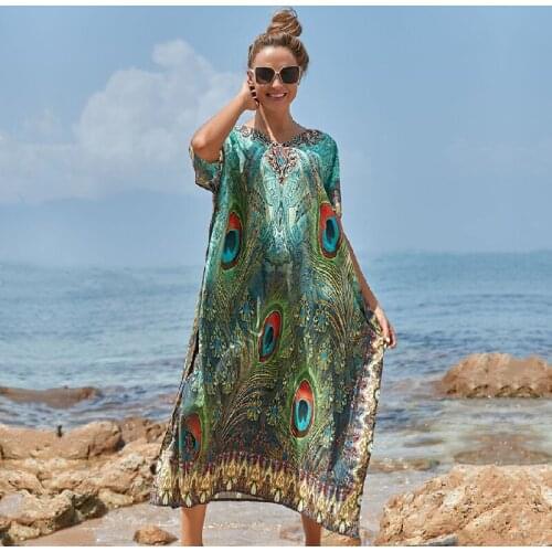 2020 Quick-drying Bikini Cover-ups Bohemian Print V-neck Summer Dress Beach Tunic Women Beachwear Kaftan Swimsuit Cover Up Q1173