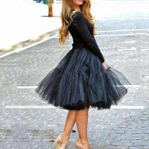 Black Petticoat Tutu Tulle Skirt 5 Layers 60cm Fashion Midi Pleated Womens Lolita Bridesmaid Wedding faldas Mujer saias jupe