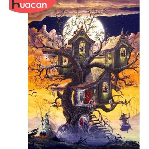 HUACAN Halloween Diamond Painting Tree DIY Full Square Drill Diamond Embroidery Witch Paint With Diamonds Landscape