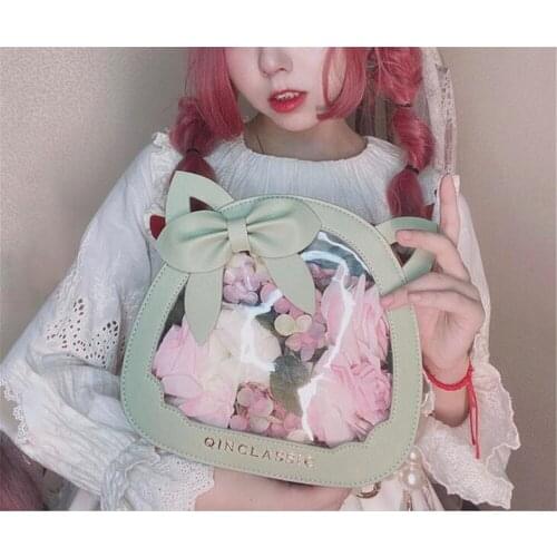 Kawaii Lolita Cute Cat Head Transparent Bow JK Uniform Dolls Handbag Girl Shoulder Bag Messenger bag B1459