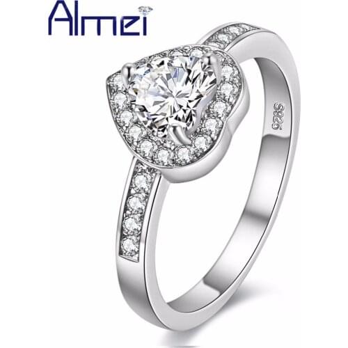 Almei Heart Rings For Womens Fashion Ring With Stones Anillos Charms Silver Color Crystal Anel Jewelry Bague Femme Sizing Y036P