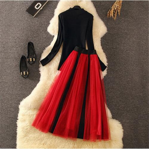 Sweater and Skirt Set 2020 New Temperament Black Knitted Top Womens Mesh Skirt Autumn Two-piece Fashion Chic Ladies Suit k1251