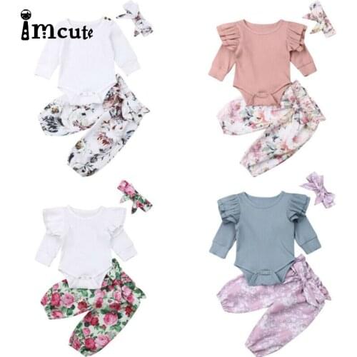 Newborn Baby Girl Clothes Set Winter Solid Color Long Sleeve Bodysuit Flower Pants Headband 3Pcs Outfit Newborn Infant Clothing