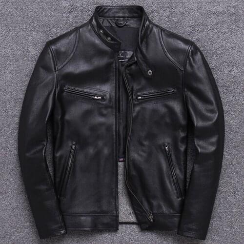 Real Model Brand Real Mens Cow Leather Jacket Coats Black Large Size 4XL Genuine Leather Coats Male Overcoat European Style A845