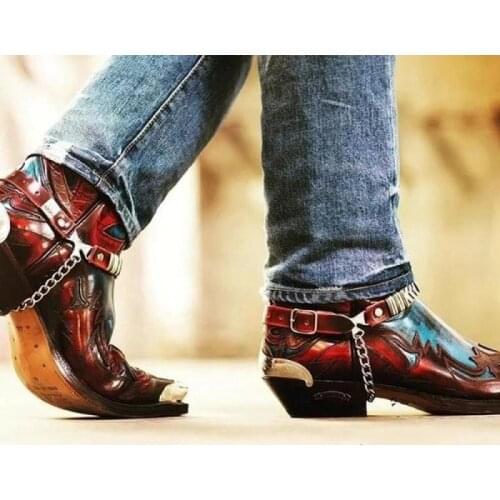 2021 New Men Boots Outdoor Retro Cool Motorcycle Cowboy Male Boots Fashion Pointed Toe Faux Leather Slip-On Men Boots