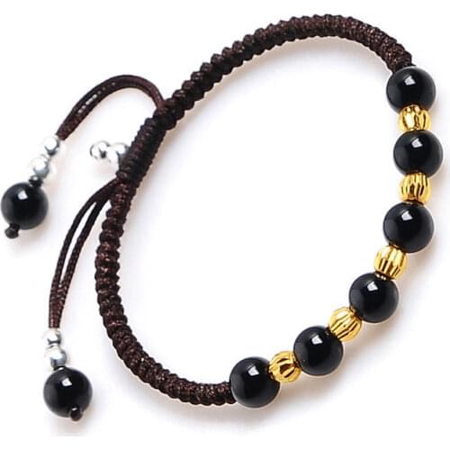 Solid 24k Yellow Gold Bracelet 5pcs Faced Bead Brown Knitted Bracelet Agate bead