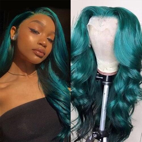 Dark Green Color Human Hair Wigs Green Wavy Lace Front Wig Brazilian Remy Hair 8-28 Inch Pre Plucked Deep For Women