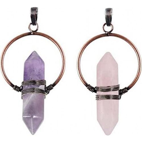 KFT Copper Circle Natural Healing Crystal Quartz Amethysts Stone Hexagon Column Stone Pendant Opalite Opal Jewelry