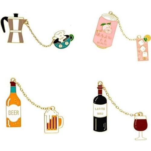 Drop shipping Enamel Coffee Beer Red Wine Juice Drinks Metal Fashion Brooch Pin Badge Wholesale For Women Gift