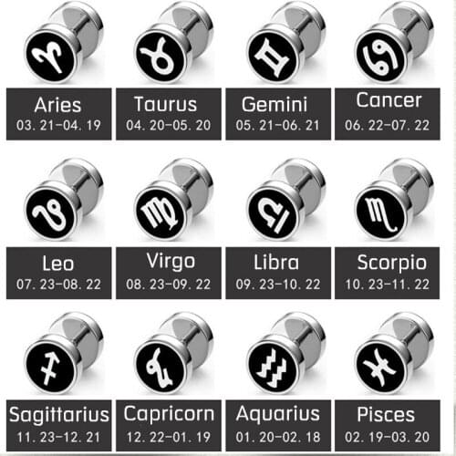 1Pair Titanium Steel 12 Constellation Black Earrings Star Zodiac Sign Studs Two Side Male Punk Gothic Girls Bijoux Femme