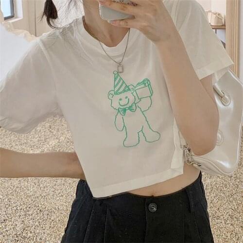 Cartoon Bear Print Loose Tshirt Womens T-shirts Tops Japanese Kawaii Ladies Ulzzang Female Korean Harajuku Clothes For Women