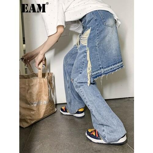 [EAM] High Waist Blue Burr Irregular Denim Personality Half-body Skirt Women Fashion Tide New Spring Summer 2021 1DE0912